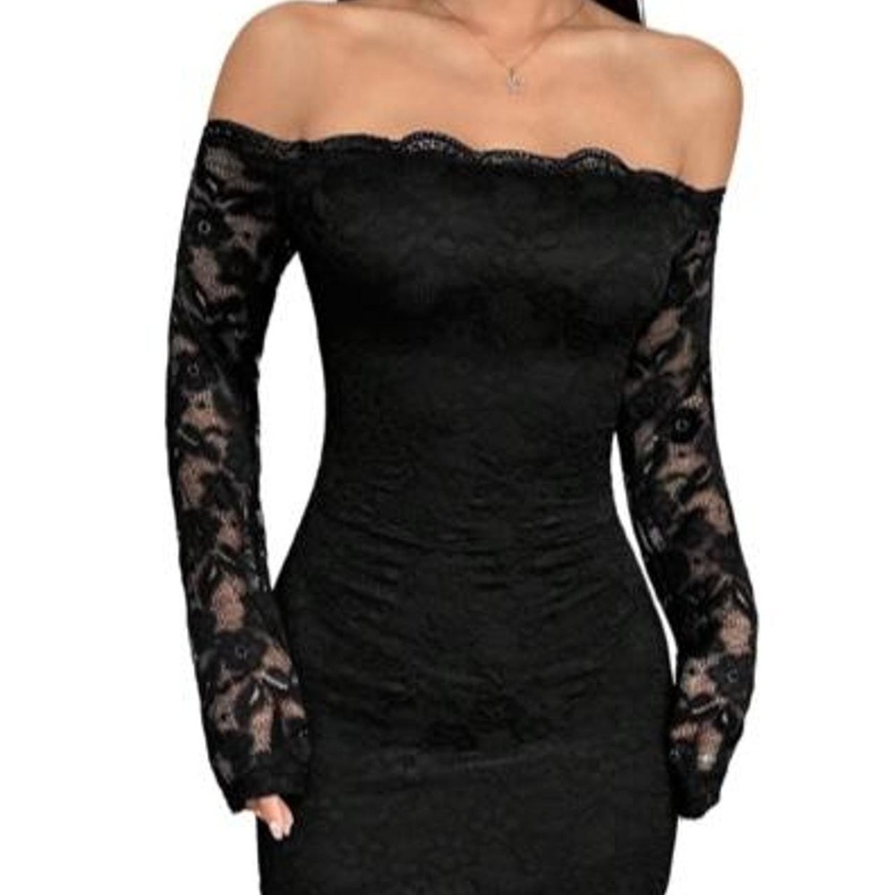 Women's Black Lace Long Sleeve Mini Dress Sexy Off The Shoulder Bodycon